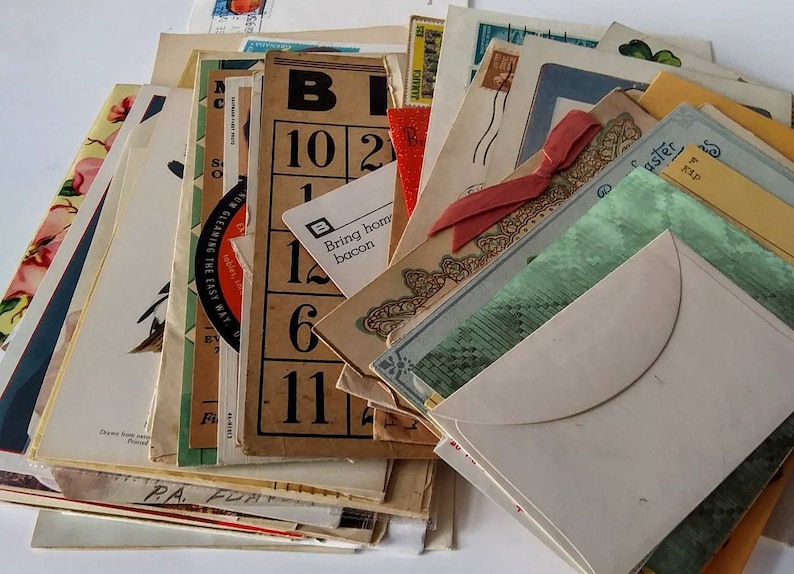 50 Pieces of Vintage Paper Ephemera Pack, Postcards Envelopes, Newspaper Clippings, Recipes, Random Book Pages, Stickers - 15138 