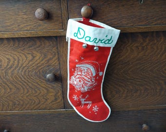 David Vintage Christmas Stocking, Red and White with Silver Glitter, Santa Claus, Reindeer - 19738b