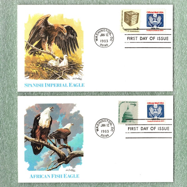 2 Eagle First Day Covers, Spanish Imperial Eagle & African Fish Eagle FDC, Artist Signed John Swatsley, Fleetwood Cachet - 15564h