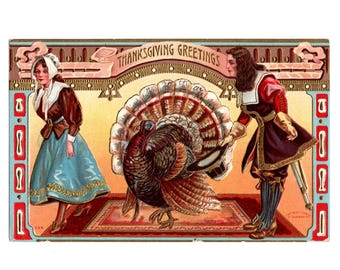 Antique Thanksgiving Postcard, Pilgrim Man and Woman with Big Turkey, Paul Sander, Used - 19455b