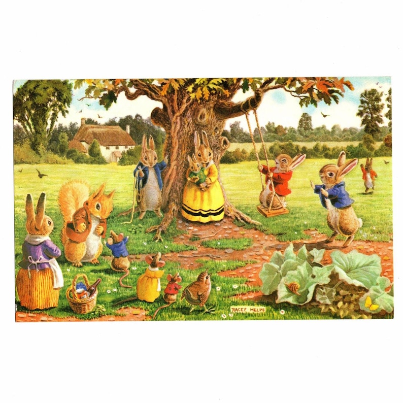 Quaint Rabbit Artist Signed Racey Helps Anthropomorphic Postcard, Bunny Rabbit Family ...