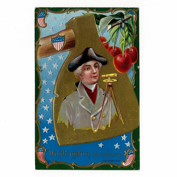 1910 Patriotic Postcard, George Washington The Surveyor, Shield Banners Stars, Gold Axe Cherry Branch, Edward Nash - 17957a