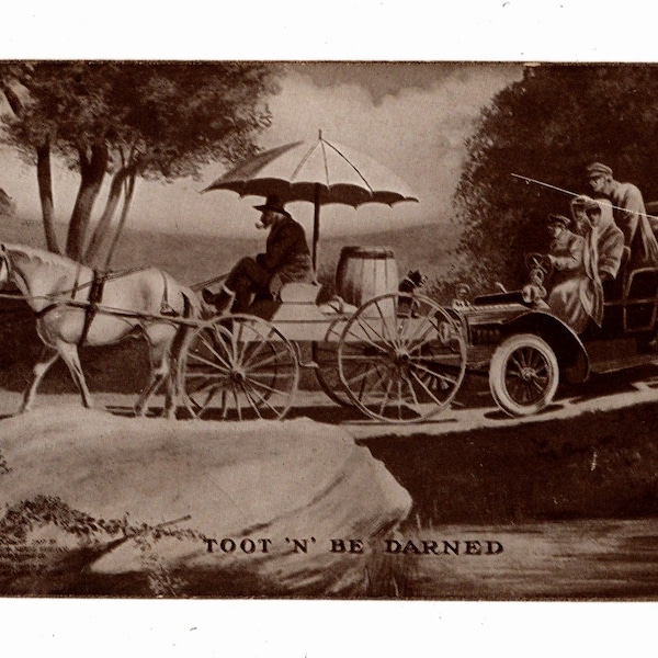 Antique Postcard, Old Man with Horse and Wagon, Dog Barking at Car Trying to Pass, Sheahan Boston MA Novelty Gilt Edge - 17904a