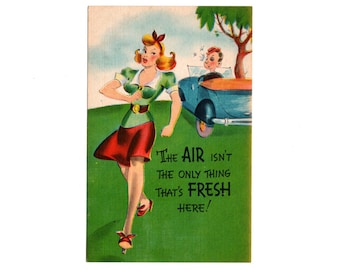 Vintage Linen Comic Postcard, Tough Girl Hitting a Fresh Boy in the Car, Metrocraft Unused - 20234a