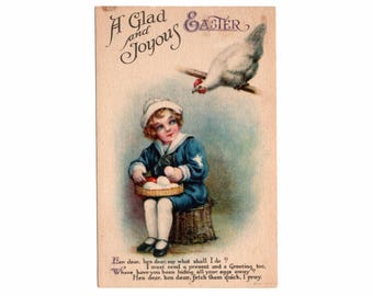 Antique Easter Postcard, Wolf Brothers, Child and Hen That Hides Eggs, Unused - 19960a