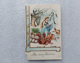 Antique Christmas Postcard, Anthropomorphic Squirrels Pulling Sleigh with Tree, Deer and Lady with Dolls in Skirt - 18544P