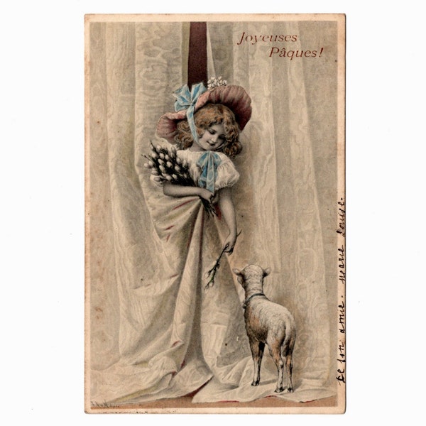 Antique 1903 French Easter Postcard, Joyeuses Pâques, Girl Wearing a Bog Hat with a Lamb, Brussels - 18327P