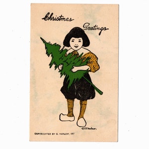 Fine Antique 1907 Christmas Postcard, Dutch Boy Holding a Tree, Signed Grace Harlow, Unused - 17984d