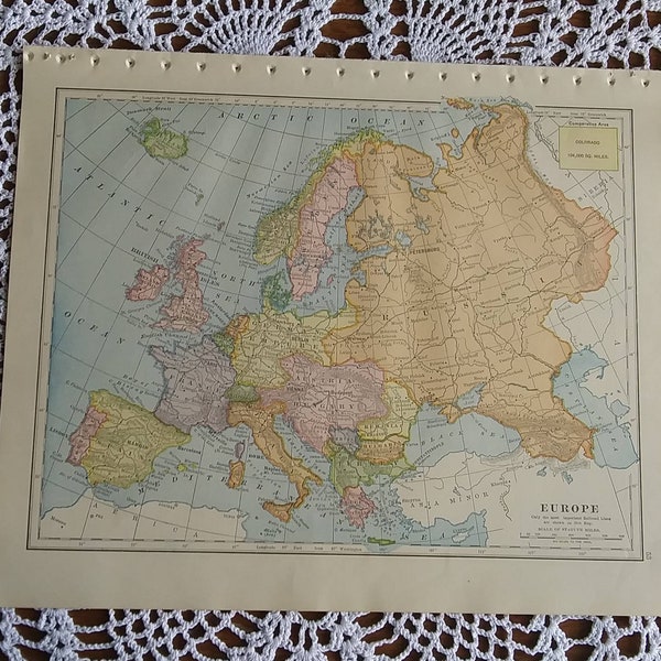 1896 Europe Map, British Isles on Back, Horace S. Tarbell, Color Wall Decor, Ready to Frame, 10x12 - 16373e