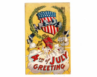 Antique 4th of July Patriotic Postcard, USA Independence Day Celebration, Stars and Stripes - 20139