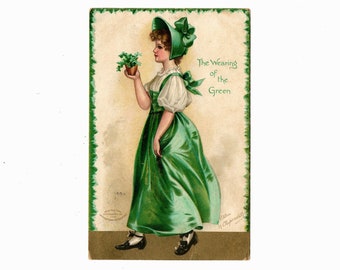 Vintage St. Patrick's Day Postcard, Signed Ellen H. Clapsaddle, Pretty Lady Wearing Green Dress, IAPC - 18543