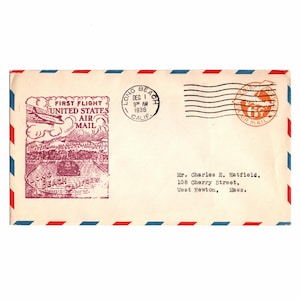 May include: Vintage airmail envelope from Long Beach, California, with red, white, and blue border stripes. Features a stamp with a plane and the text "First Flight United States Air Mail". Addressed to Mr. Charles E. Hatfield.