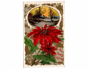 Antique Christmas Postcard, Snowy Cottage Scene and Red Poinsettias, Fairfax to Richford, Vermont - 19228d