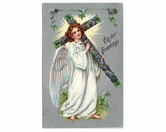 Antique Religious Easter Postcard, Angel Carrying Floral Cross, Silver Background, Raphael Tuck - 19961a