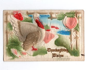 Heavily Embossed Thanksgiving Postcard, Turkey and Country Church Scene, Air Brushed - 19404b