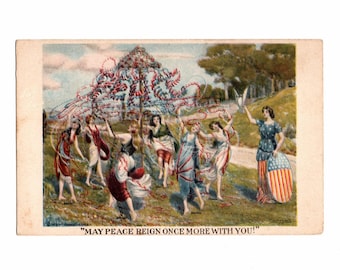 1915 Patriotic Postcard, WWI Allies, Ladies Dancing Around the Maypole, Lady Liberty with Shield - 20071a