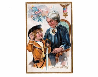 Antique Patriotic Postcard, GAR Medal, Decoration Day, Boy Soldier with Grandmother - 20141