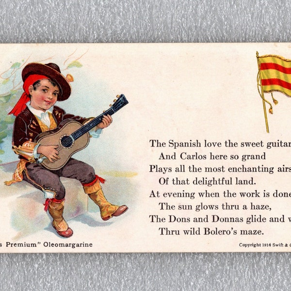 Antique Postcard, Spanish Boy Playing Guitar, Advertising Swift's Premium Oleomargarine 1914, Merchant Marine Flag - 18464