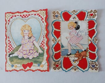 2 Vintage Valentine's Day Greeting Cards, Girls in Pink Dresses, Whitney Made - 19826b