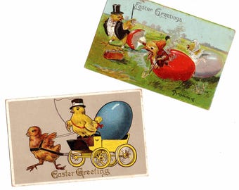 2 Antique Anthropomorphic Easter Postcards, Dressed Chicks and Eggs, Creased - 19149c