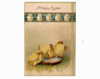 Antique Easter Postcard, Baby Chicks Feeding at a Blue Floral Bowl, Border of Eggs and Forget Me Nots, IAPC - 18403