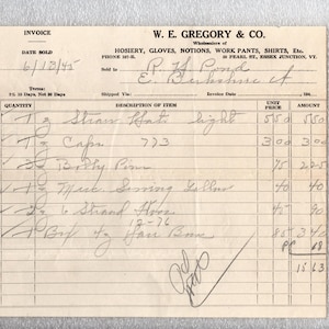 May include: A vintage invoice from W.E. Gregory & Co. dated June 13, 1945, listing items like straw hats, caps, bobby pins, and sewing items. The document is handwritten with item quantities, descriptions, unit prices, and amounts.