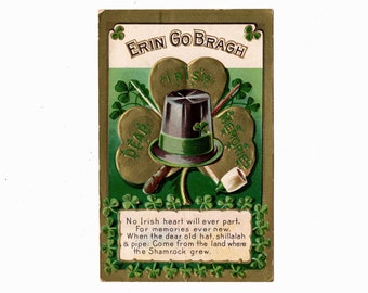 Antique St. Patrick's Day Postcard, Erin Go Bragh, Gold Shamrock, Tophat, Dear Irish Memories - 18541