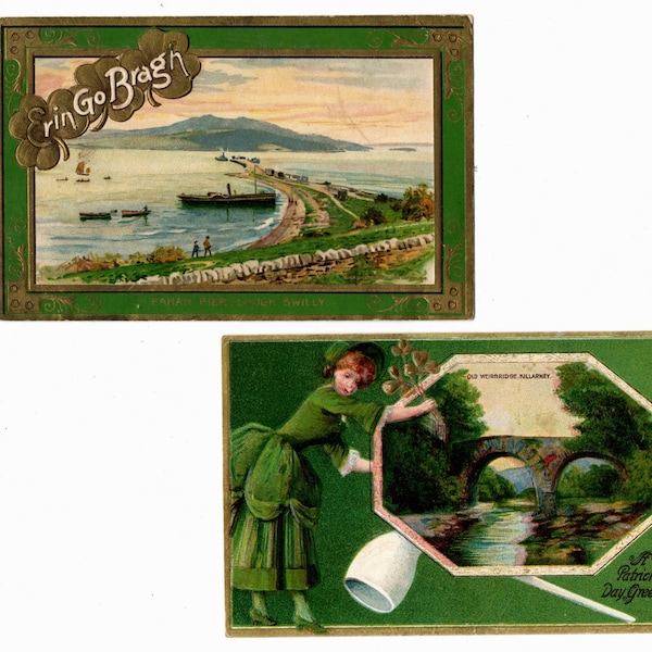 2 Vintage St. Patrick's Day Postcards, Weir Bridge in Killarney, Fahan Pier in Lough Swilly, Ireland, Erin Go Bragh, Damaged - 17320c