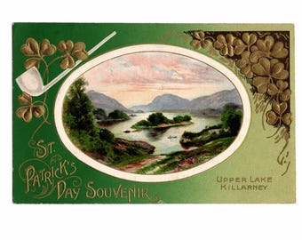 Antique St. Patrick's Day Postcard, Upper Lake, Killarney Ireland, Gold Shamrocks, Used - 20140