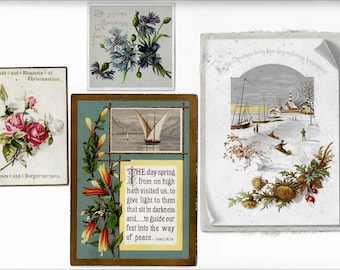 4 Antique Flat Christmas Cards, Flowers and Boats, 1800's Scrap Paper Supply for Crafts, Marcus Ward - 17474Pb