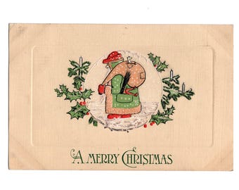 Antique Christmas Postcard, Santa Claus Walking in the Snow Wearing a Green Coat, H. L. Woehler, Used - 19396a