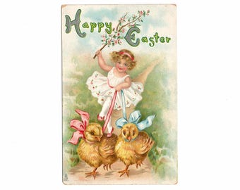 Antique Easter Frolic Postcard, Girl Dancing with Yellow Chicks on Ribbons, Raphael Tuck - 19958a