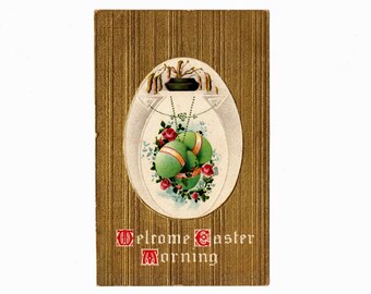 Antique Easter Postcard, Green Decorated Eggs with Pink Roses, Gold Metallic Background, Used - 18233h
