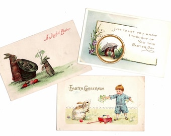 3 Antique Easter Postcards with Bunny Rabbits, Anthropomorphic, Creased Scatter Cards - 19118d