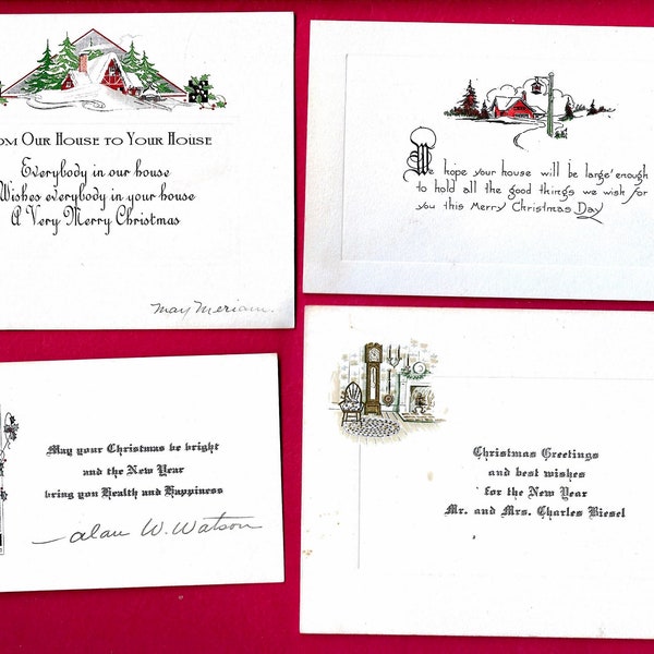 4 Antique Flat Christmas Greeting Cards, Art Deco Vase, Clock and Fireplace, Snowy Cottages - 18046Pa