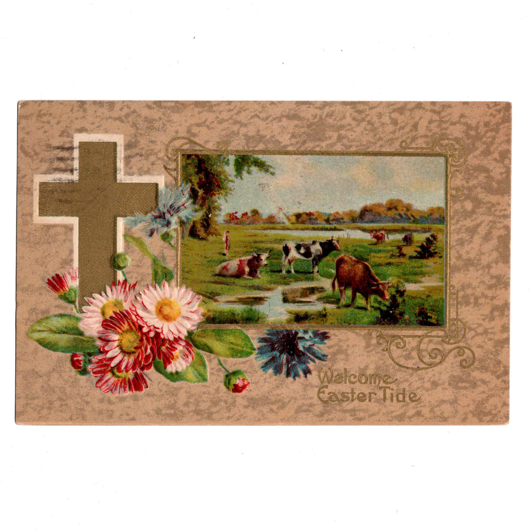 Antique Easter Postcard, Cows in a Field, Gold Cross and Flowers, 1912 ...