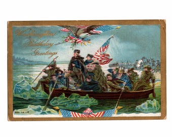 Antique Patriotic Postcard, George Washington Crossing the Delaware River, Gold Border, Used - 20125