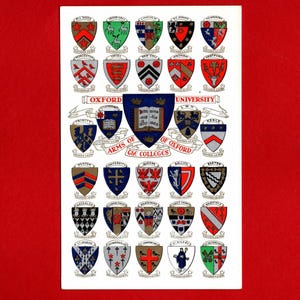 May include: A postcard featuring the coats of arms of the colleges of Oxford University. The shields are in various colors and designs, with text identifying each college. The words "Oxford University" and "Arms of the Colleges of Oxford" are also present.