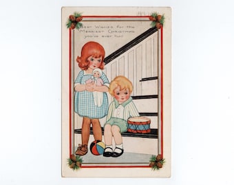 Vintage Christmas Postcard, Children with Doll and Toys on the Stairs, Whitney Made - 20287