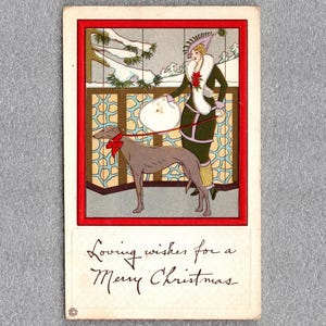 Antique Art Deco Christmas Postcard, Fashionable Lady with Greyhound Dog on a Red Leash, Stetcher Lithograph, Unused - 19384