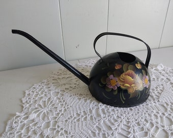 Vintage Tole Floral Watering Can, Black with Hand Painted Flowers, Yellow and Pink Flowers, Gently Used - 18573