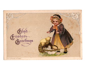 Antique Easter Postcard, Girl with Yellow Chick, Egg Basket, John Winsch, Unused - 19116Pc