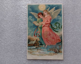 Antique Christmas Postcard, Two Angles with Songbook, Mica Sparkles - 18545P