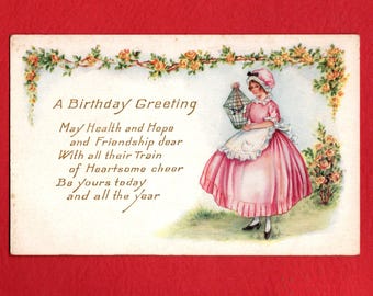 Antique Birthday Postcard, Woman Holding a Bird in a Cage, For a Friend, 1917 Whitney Made - 19574b