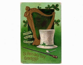 Antique St. Patrick's Day Postcard, Gold Harp with White Top Hat and Shillelagh, 1910 Postmark - 18196