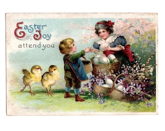 Antique Easter Postcard, Girl Selling Big Eggs to a Young Boy, Unused - 19122d