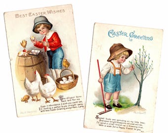 2 Antique Easter Postcards Signed Ellen H. Clapsaddle, Boy Painting Eggs, Gardener, Creased - 20289