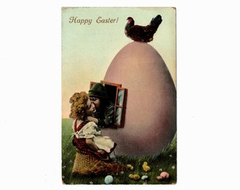 Antique Easter Postcard, Kissing Kids at a Pink Egg House with Hen on Top - 17772Pg