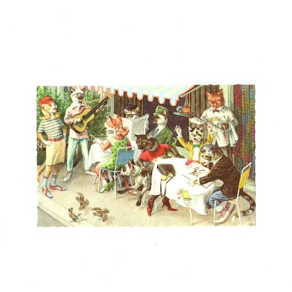 Vintage Alfred Mainzer Dressed Cats Postcard, Chaos at Sidewalk Cafe, Eugen Hartung Art, 4976 ALMA - 18363P