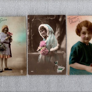 3 Antique French Happy New Year Postcards, Hand Tinted Girls Holding Flowers, Used - 18037e